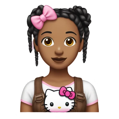 Brown woman with black braids, hazel eyes, has a pink bow on hair and wearing a hello kitty top sticker