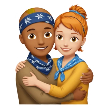 Two people hugging, brown guy with a buzzed cut and bandana, and a white woman with ginger hair sticker