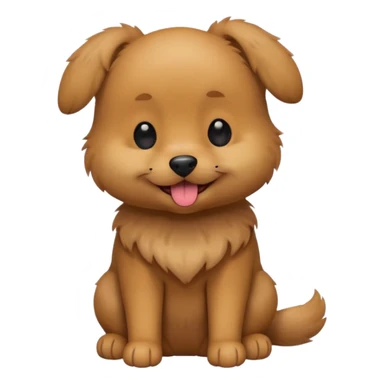 Cute small brown fluffy dog emoji icon. Round face, short muzzle, light brown fur with slightly darker ears, small black nose, happy smiling expression with tongue out. Soft friendly eyes, sitting pose with front paws together. Simple clean vector style, minimal details, kawaii style. sticker