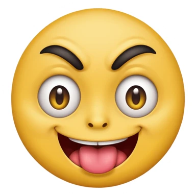 A yellow round face emoji smirking with its tounge out but the eyes are evil and kind of crazy and only one of the eyebrows is raised and the other eyebrow is lower and normal sticker