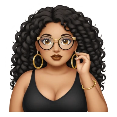 big plus size, latina, darker tan skin, gold hoops, long black curly hair, baddie,pretty, makeup, lipgloss, black eyeliner, long hair, black top, black glasses sticker