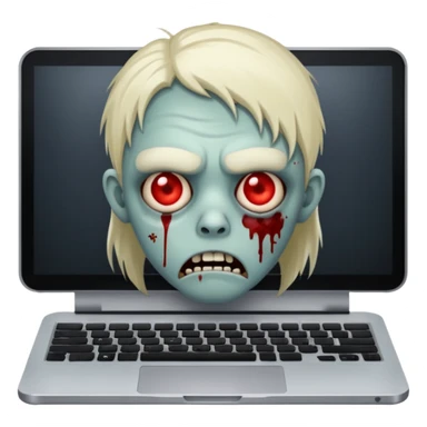 A tired sad zombie behind a laptop sticker