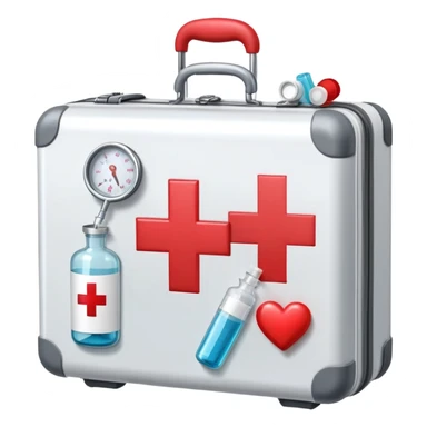 An icon featuring a medical suitcase with a red cross, a bottle of pills, a stethoscope, and a syringe, symbolizing medicine. The design includes a thermometer, bandages, and a heart monitor, representing healthcare and medical treatment. Transparent background highlights the science of healing. sticker