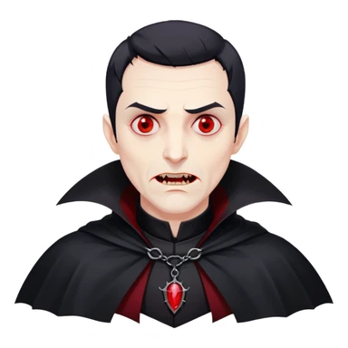 Nam 50 tuổi, mắt đỏ, da trắng, tóc ngắn màu đen, có răng nanh, mặt hơi đáng sợ như ma cà rồng, áo măng tô cổ cao màu đen, nửa thân trên' sticker