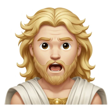 Cinematic Realistic Thor Portrait, head tilted slightly with a dramatic, wide-open yawn, revealing a moment of unguarded human vulnerability amidst his divine stature. His fair, luminous skin and elegantly styled, wavy golden hair maintain their sculptural perfection even in repose. Dressed in a flowing white toga with understated golden accents, the portrait is bathed in soft natural light, capturing a rare glimpse of relaxed, timeless strength from a Greek god reborn. sticker