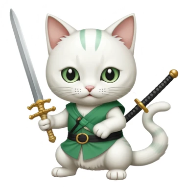 un gato blanco con reeferencia a rororoa zoro "una espada en cada mano y una en la boca" sticker