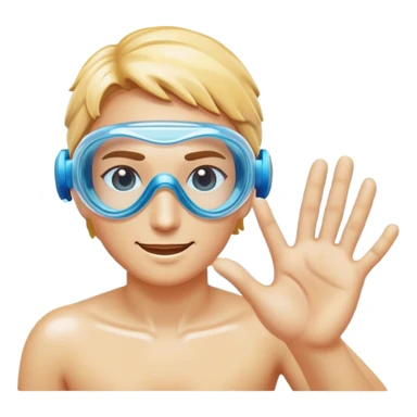 "Stylized emoji of a water ripple with a swimmer's hand emerging, sleek goggles nearby, crystal-clear blue water with soft highlights." sticker