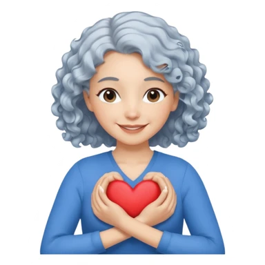 silver, wavy/curly hair chin-length lady giving hug with 2 arms, blue v-neck and smilingm add a heart sticker