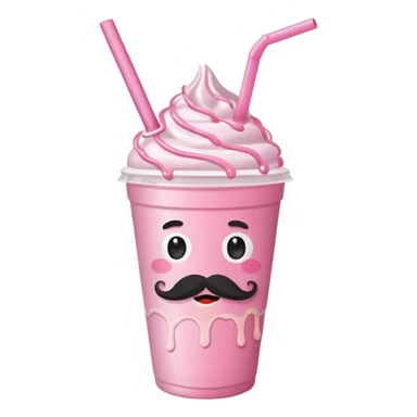 strawberry milkshake in a take-out cup with mustache sticker