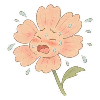 soft peach cosmos flower with a flushed, panting face doing exercise, sweat flying off in exaggerated style, gentle pastel palette, soft Ghibli style sticker