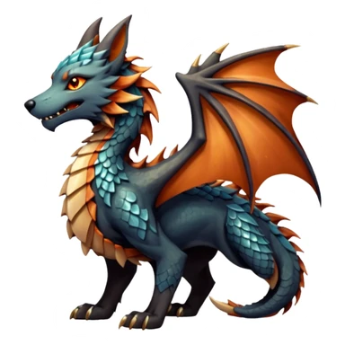 Majestic wolf-like dragon with red sandstone scales and layered plates resembling canyon rock formations. Crystallized mineral mane with copper and gold hues runs down its neck and back. Obsidian claws, amber eyes, and a tail of stone spires. Pokémon style. sticker