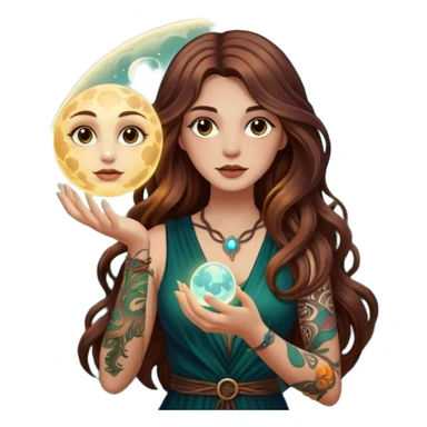 forest mystic woman long wavy brown hair tattoos holding glowing moon orb sticker