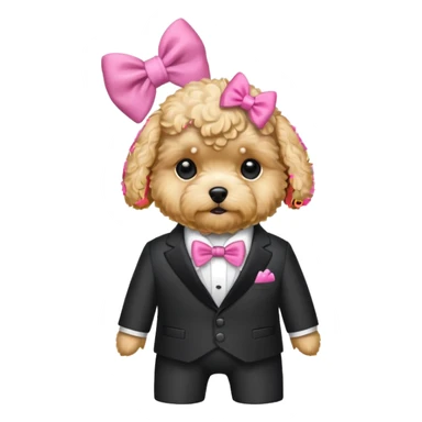 Golden maltipoo dog with pink bow k bow that is very poise make it have a suit on sticker