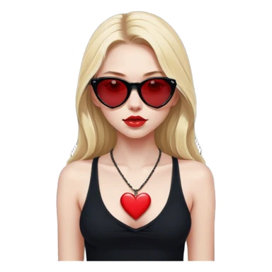 Blonde girl with pale skin and long hair with black cat eye sunglasses in black tank top wearing a thin red heart necklace  sticker