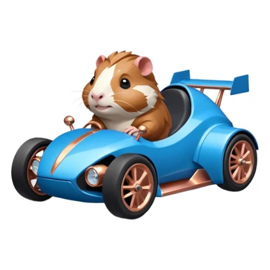 dark crystal blue and rosegold-accented cyber truck-faceted-body electric racing car driven by a small cute but fearless Guinea pig with rear spoiler, roll bar, and wheely bar sticker