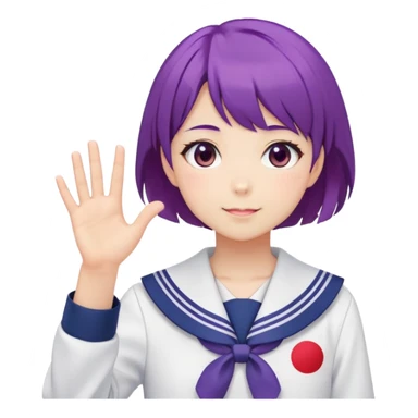 Anime girl with short bright purple hair wearing Japanese sailor style school uniform, composed posture with hand on hip but shyly waving with other hand, blushing face and timid smile sticker