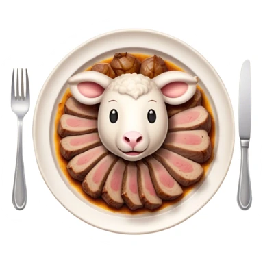 Roast Lamb Cinematic Realistic Roast Lamb Dish Emoji, depicted as thinly sliced roast lamb arranged artfully on a plate, rendered with rich textures and warm, inviting lighting. sticker