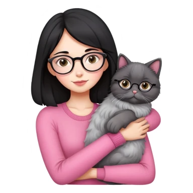 Beautiful skinny woman medium black hair with oval glasses in pink outfit hug persian-angora grey cat sticker
