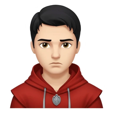 A handsome man with fair complexion. masculine, roman, slightly crooked nose. Thick triangular eyebrows. Hooded eyes and black pupils.  pouty lips with a heavy top lid.  thick black hair  80/20 part with an undercut.  sticker