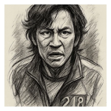 Third Squid Game Season 2 character, individual portrait, black and white, no color, pencil sketch style, dramatic expression sticker