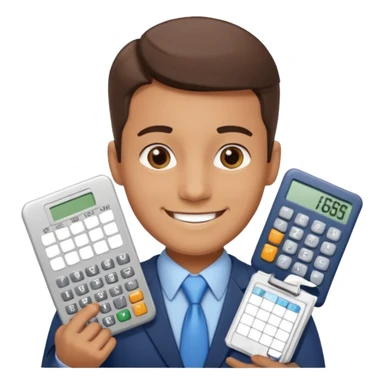 emoji, of a male AUDITOR smiling with Finance spreadsheet , a calculator,plus ADD A puzzle and a Balance for accounting. sticker