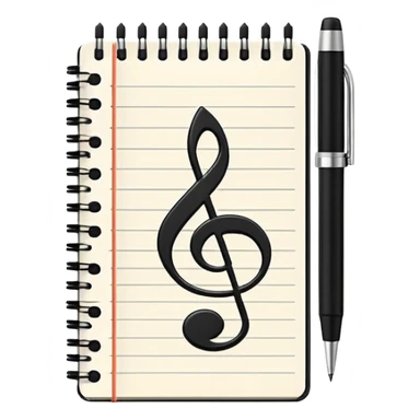 Minimalistic flat vector icon, iOS style, thin black contour on white background. Small notebook with a musical note on the cover, a pen placed next to it. Clean, modern, no text, no shadows. sticker