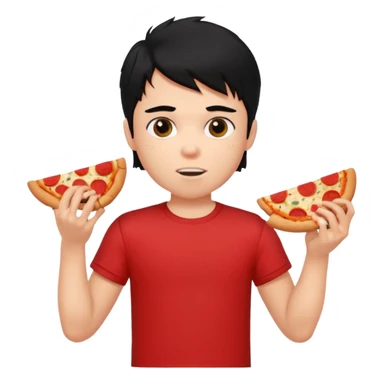 generate a pretty fair bratz boy with a messy mullet (black hair), wearing a red tshirt. eating pizza. He has big biceps sticker