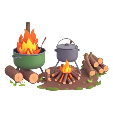 bushcraft campfire with cooking pot, wood logs, forest setting sticker