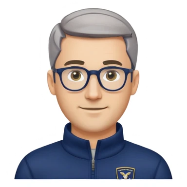 Caucasian man with oval face, hair cut extremely short and tight to head (military style), short beard with gray streaks, large black eyeglasses, cheerful expression, wide body type, navy blue long sleeve sweatshirt with quarter zip sticker