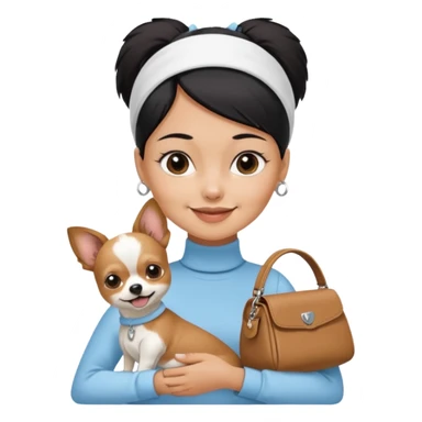 tan skin woman, with very short black hair in a slicked back ponytail with forehead showing, with white headband, wearing solid pastel blue turtleneck shirt, smiling carrying brown-white furry chihuahua papillon dog inside dog purse sticker