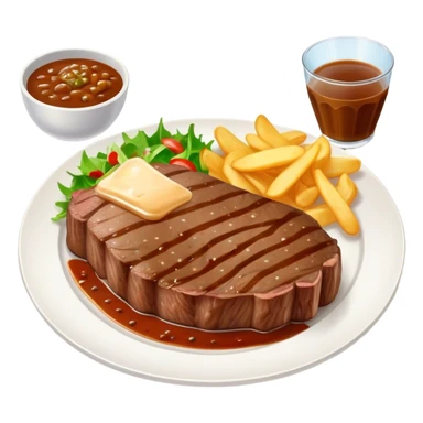 big juicy australian steak meal featuring chips, small salad in a ramikan and gravy in a small bowl on the plate sticker