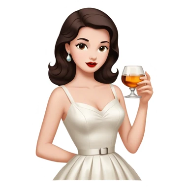 Beautiful woman in 1950’s woman fashion look, white dress, long dark brown hair, whisky with ice sticker