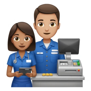 Supermarket employee at a cash register, full body, serving a man sticker