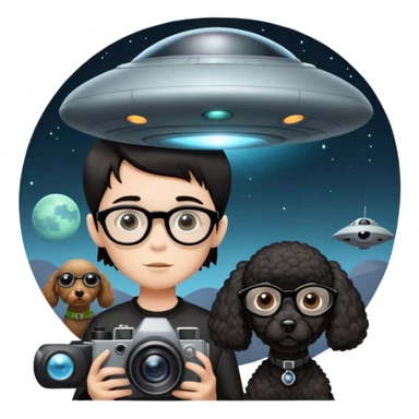 A little boy with straight black medium-length hair, white skin, and black eyes wearing black-framed glasses is taking photos on a UFO with a camera. Beside him, there is an alien and a brown round-headed poodle. sticker