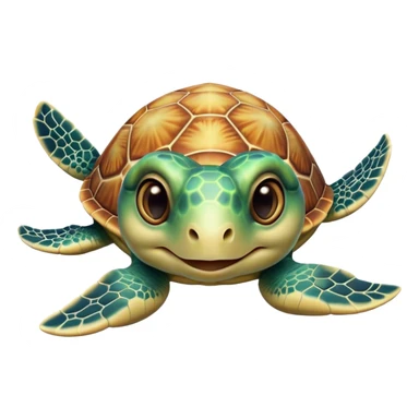Cinematic Cute Sea Turtle Portrait Emoji, Head tilted playfully and inquisitively, featuring a charming, compact form with a beautifully patterned, domed shell and gentle, sparkling eyes full of oceanic wonder, Simplified yet irresistibly adorable features, highly detailed, glowing with a warm, friendly sea glow, high shine, affectionate and lively, stylized with a touch of whimsical marine charm, soft glowing outline, capturing the essence of a mischievous yet loving sea turtle that seems as if it could swim out of the screen into your arms! sticker