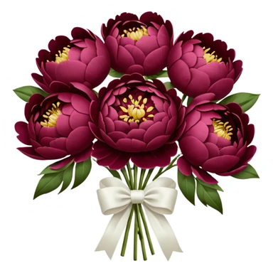 Big bouquet of burgundy peonies with a white satin ribbon sticker