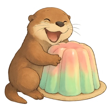 laughing otter hugging pastel jelly cake, soft Ghibli style sticker