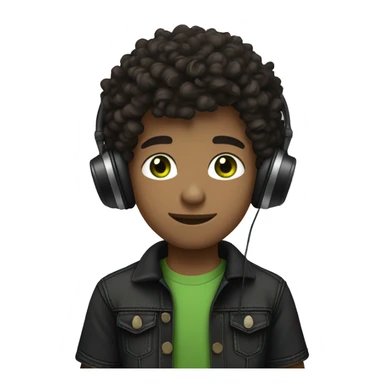 italian boy with olive tone skin with dark brown curly hair and green eyes wearing jeans and a black t shirt with headphones around the neck and black air forces sticker