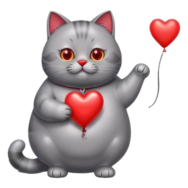 gray fat British cat and red heart metallic baloon sticker
