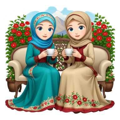 Turkish beautiful finish Konya girls blue eyes with Beautiful beige red green floral hijab long tail dress and this two friends sit in a lovely garden on the chair on the ground and holds cup coffe with her hand  sticker