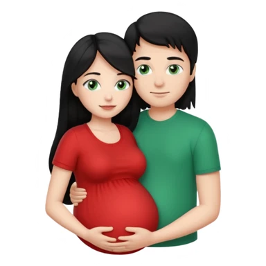 Make a couple emoji they are 18. The girl has long black hair and blue eyes and is hugging a pregnant boy with light brown hair and green eyes they are both wearing red top. They are both white  sticker