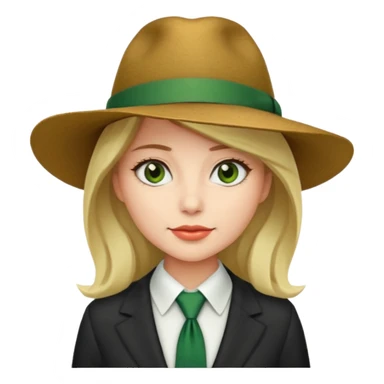 Woman in wide-brim hat & green tie sticker