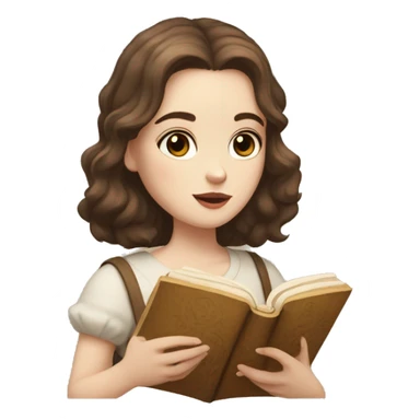pale girl with short brown wavy hair and darkened eyes, she is serious and reading an ancient book with a loaf of bread sticker
