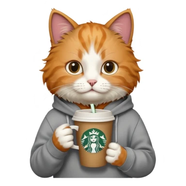 Cat wearing a hoodie and has a Starbucks sticker
