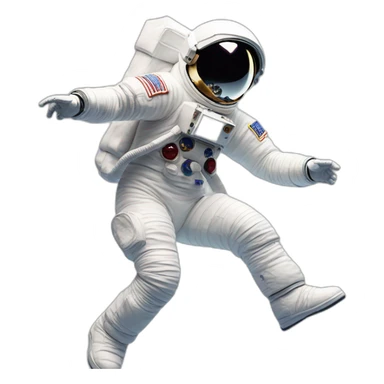 Man doing michael jackson moonwalk dance move, in astronaut suit without helmet. The man has a moon as his head sticker