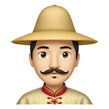 Extremely stereotypical Asian wearing a rice hat with a fu Manchu mustache  and super squinty eyes sticker