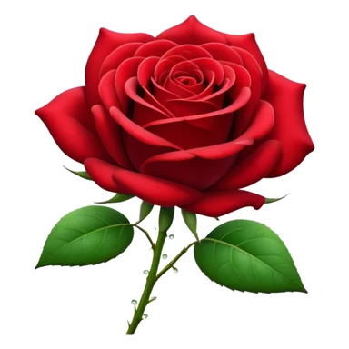 Cinematic Realistic Rose Emoji, Elegant and full of grace, with velvety, deep red petals unfurling in a perfect bloom, dew drops glistening on the soft edges, and a faint fragrance hanging in the air. The lush green leaves surround the stem, creating a vibrant contrast to the rich color of the petals. Soft glowing outline, capturing the essence of timeless beauty and romance in a single bloom. sticker