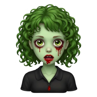 Green zombie emoji girl with curly Brown hair, with curly bangs, wearing a black bluse, blood Just in the tongue sticker