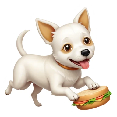 white dog running with a round sandwich in its mouth sticker