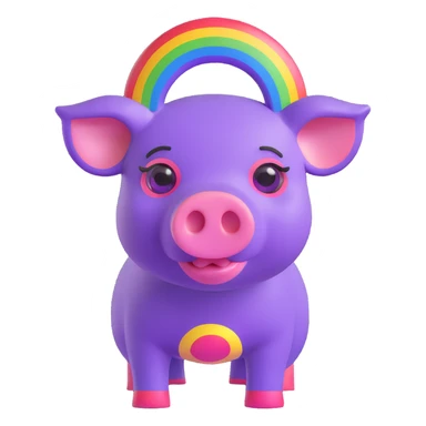 purple cyborg pig with a rainbow over her head, 3D cartoon style sticker